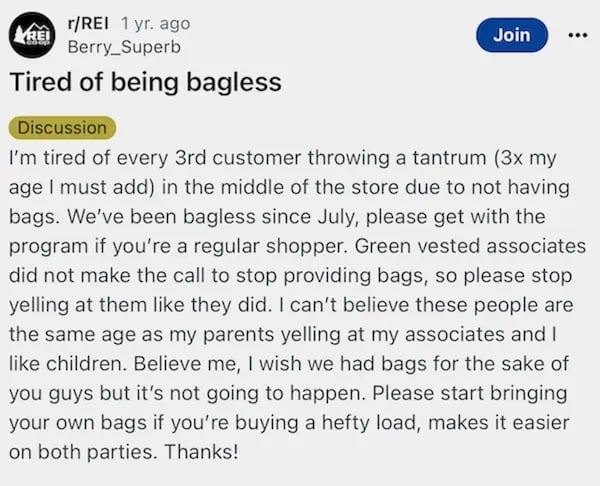 REI employee post about bad customers