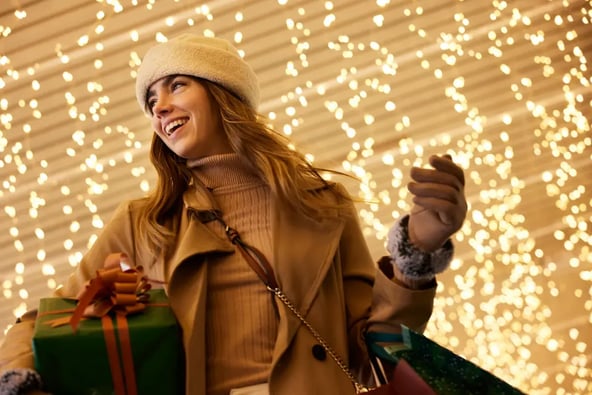 holiday shopping under white lights