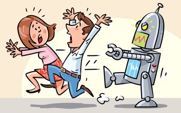 Man and woman running from robot