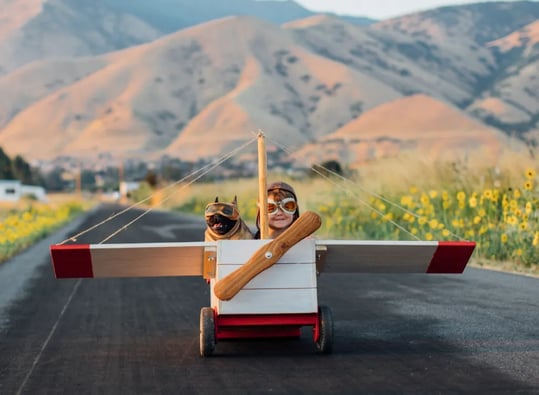 child and dog in wooden airplane