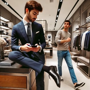 luxury store associate on phone as shopper walks by